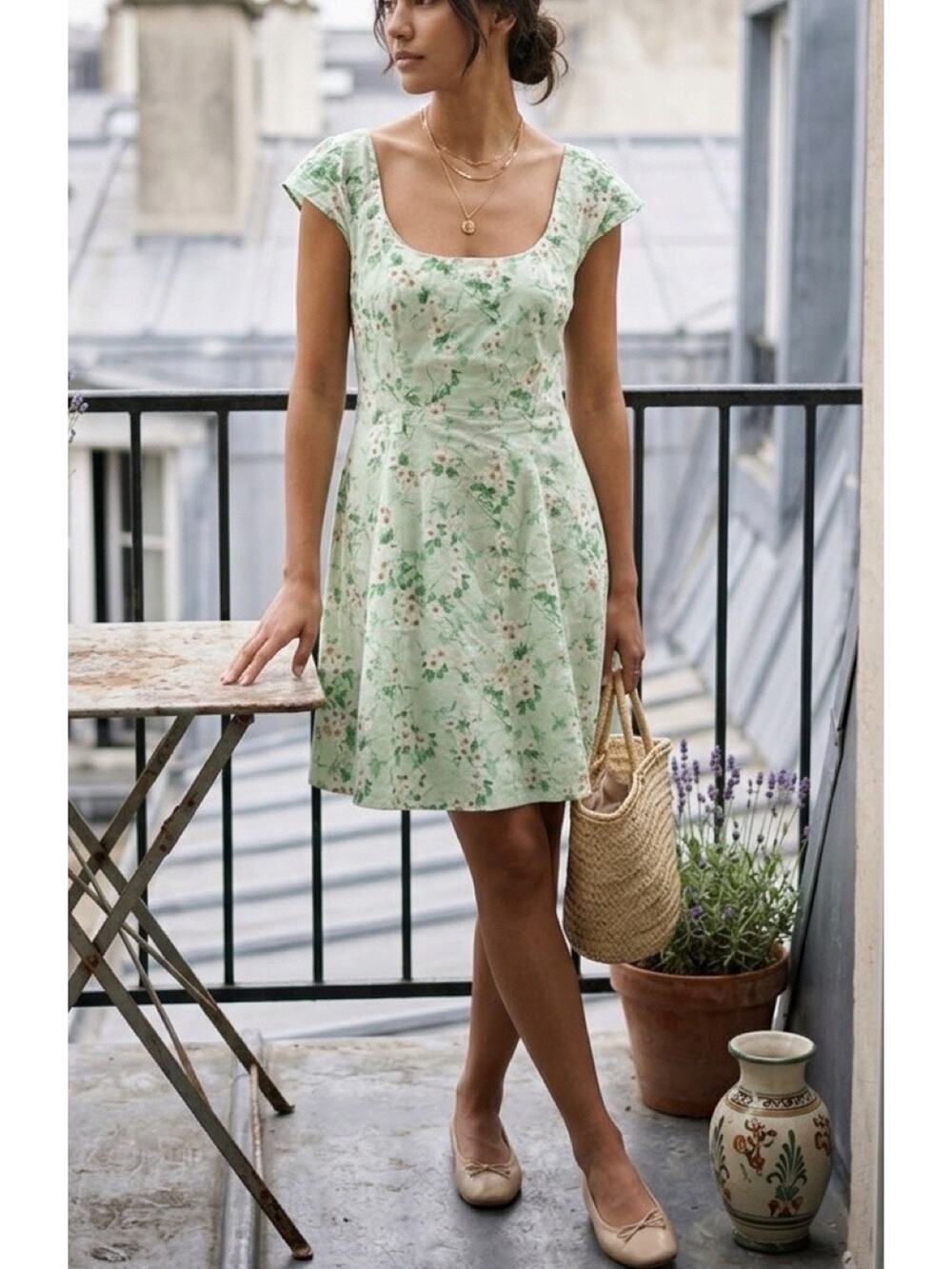 A New Day Green Floral Cotton Dress Cottagecore Garden Party NWT Size 8